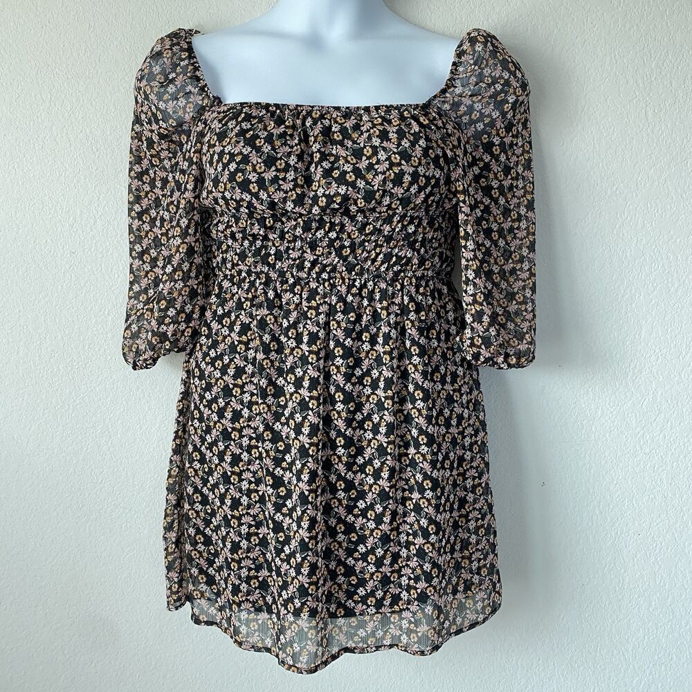 Trixxi‎ Floral Black Sheer Smock Square Neckline Mini Dress Medium Cottagecore